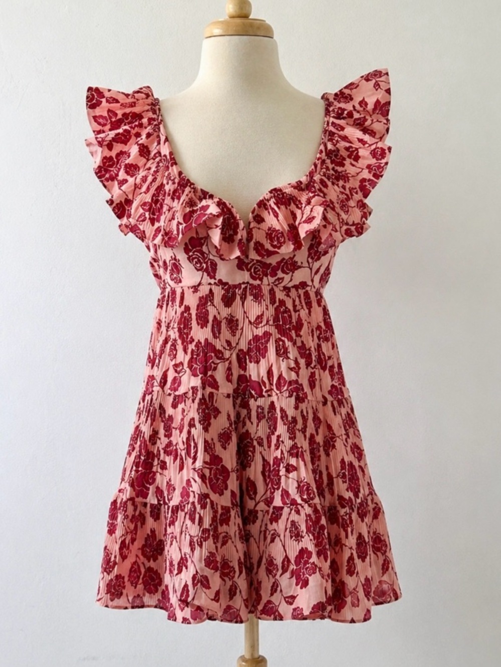 Beulah Floral Ruffle Strap Mini Dress Pink Red Cottagecore M